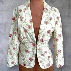 W Work to Weekend Sz 12 Fitted Blazer Cream Floral Lace Up Cottage Core Romantic